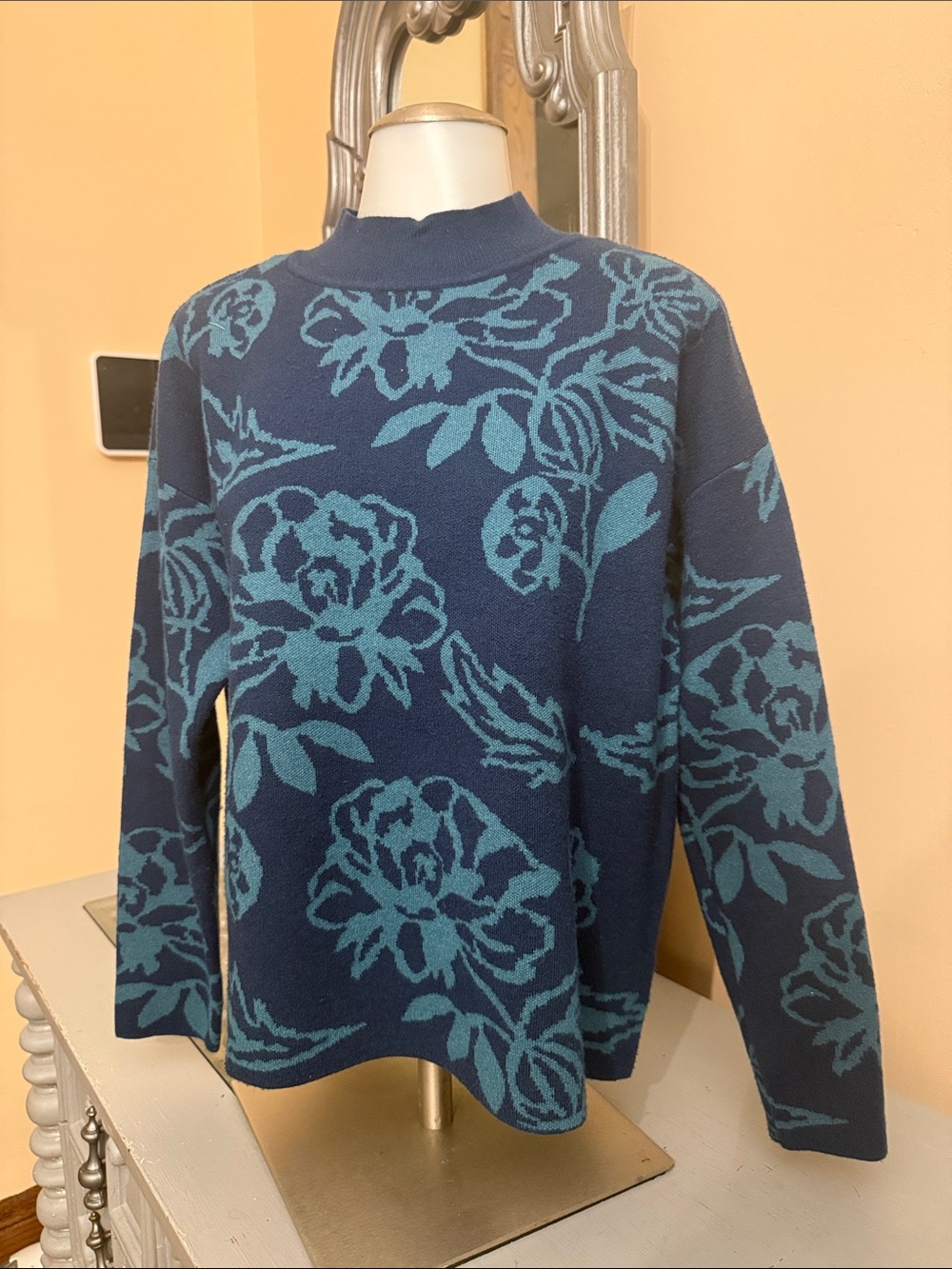 Cyrus Medium Soft Navy Sweater with Teal Floral Jacquard